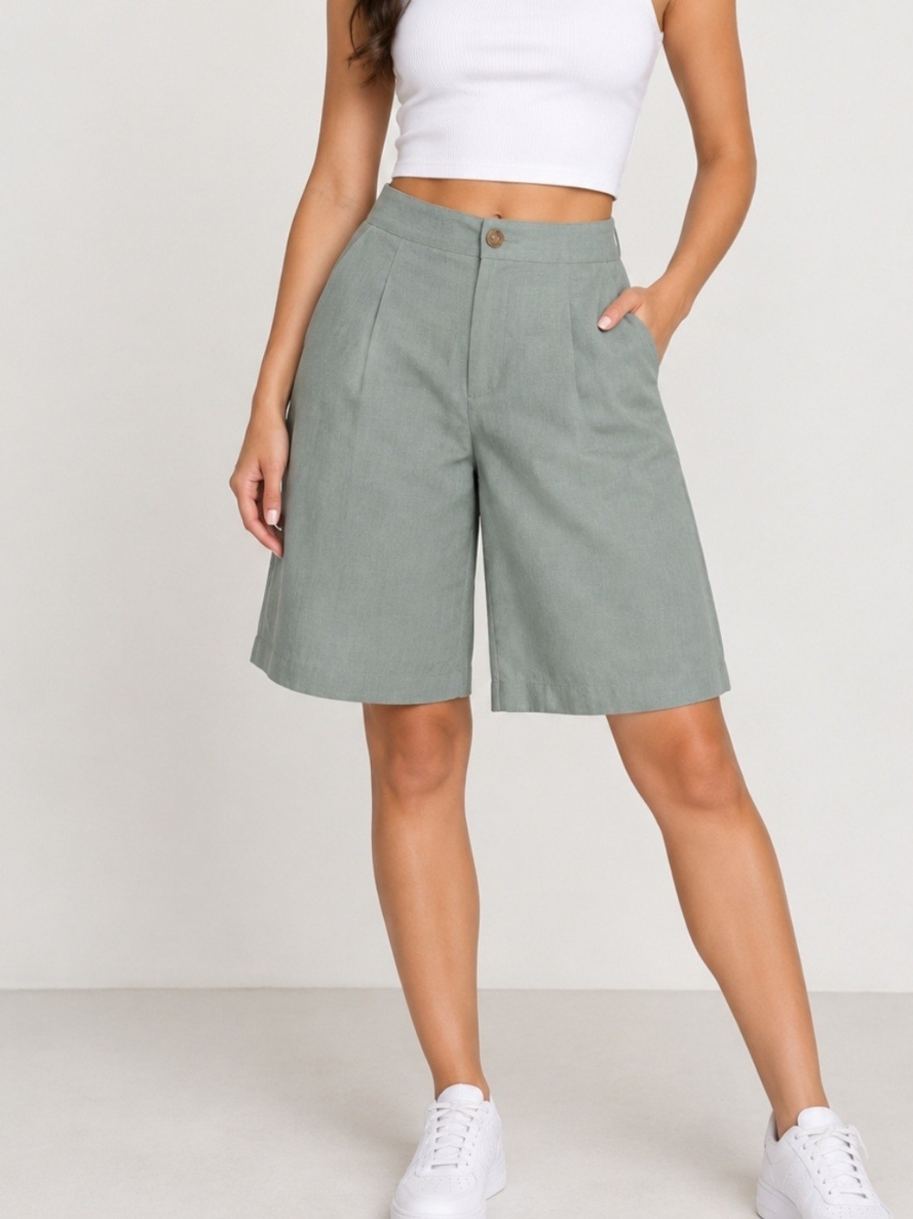 Banana Republic Sage Green Pleated Bermuda Shorts
